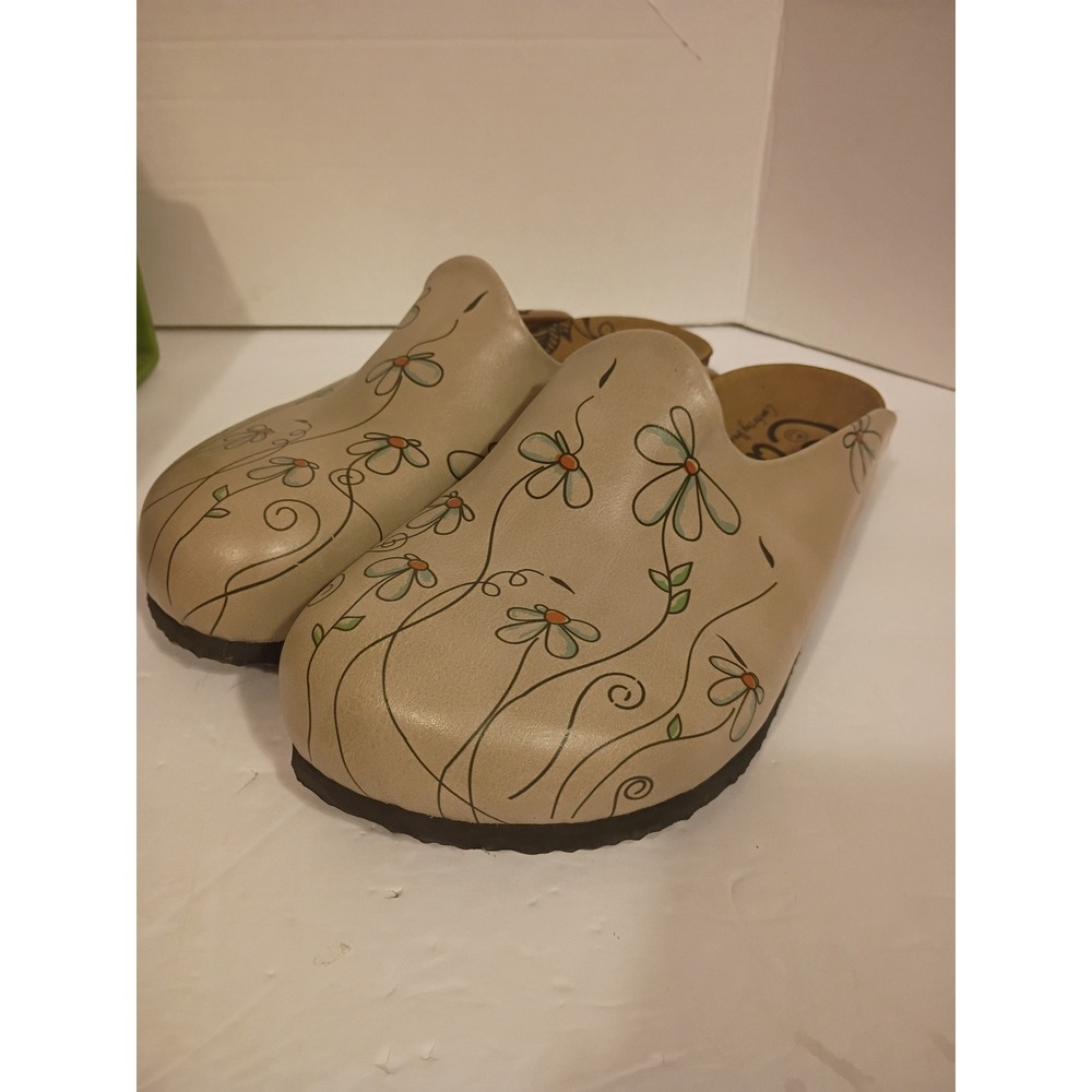 Calceo Women Beige Floral Daisy Print Cork Footbed Mule Clogs Size 42